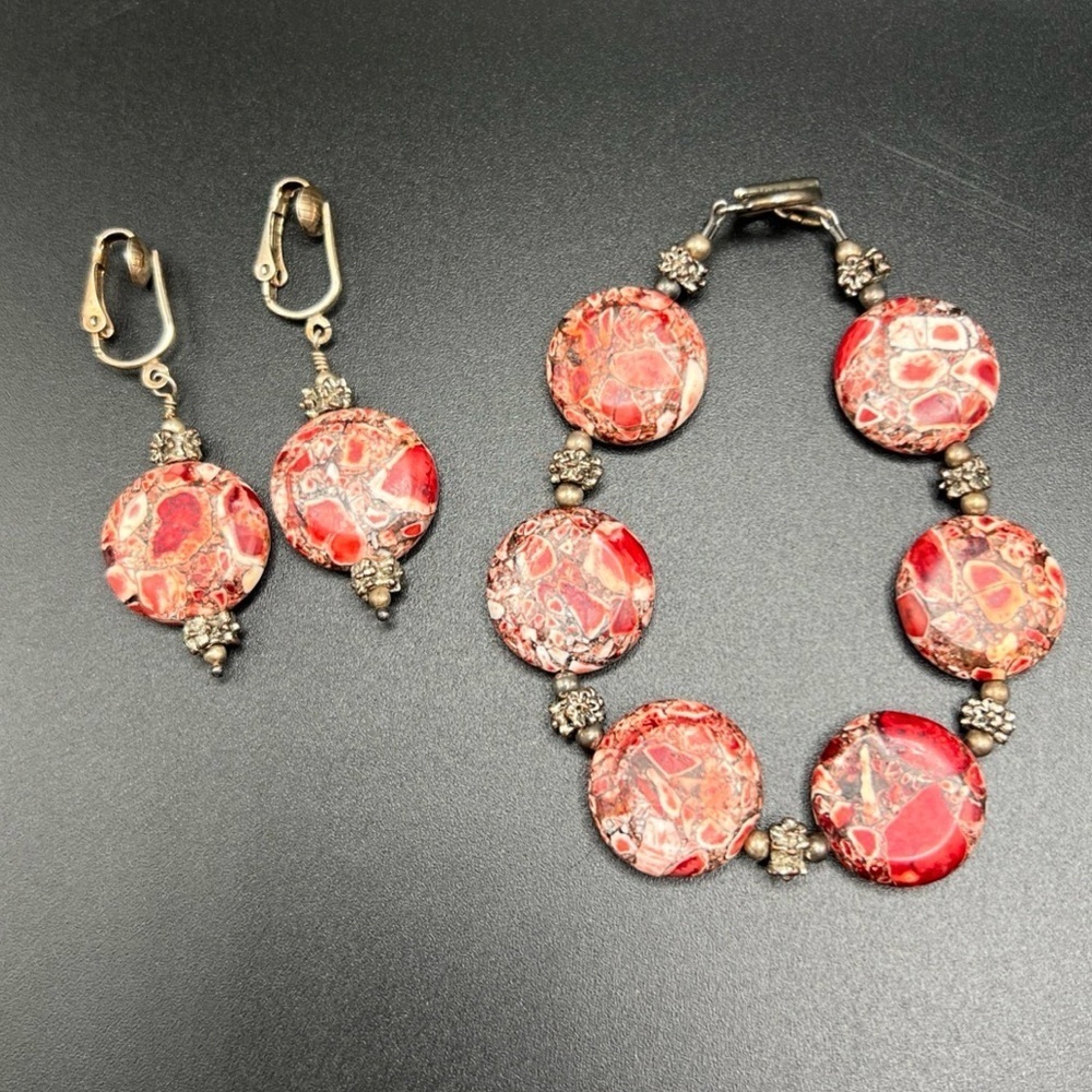 Unique Artisan Red Stone Bracelet And Clip Earring Set